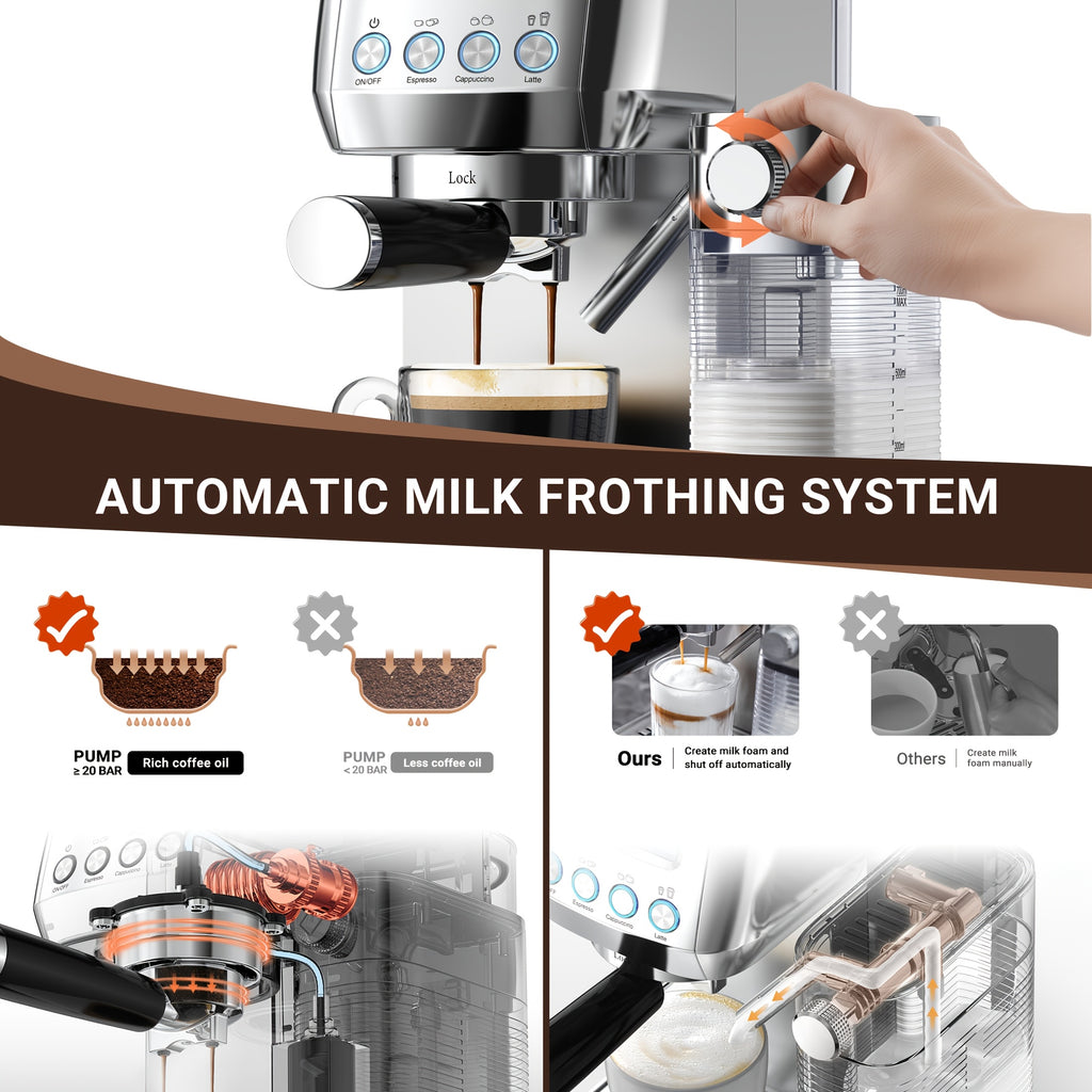 AMZCHEF Coffee Maker Machine 20 Bar, Dual Boiler Espresso Machine with Touch Control, Cappuccino Machines with Automatic Milk Frother, Latte Coffee Maker with Dual Wall And Filters, Gifts for Men/Family, Silver