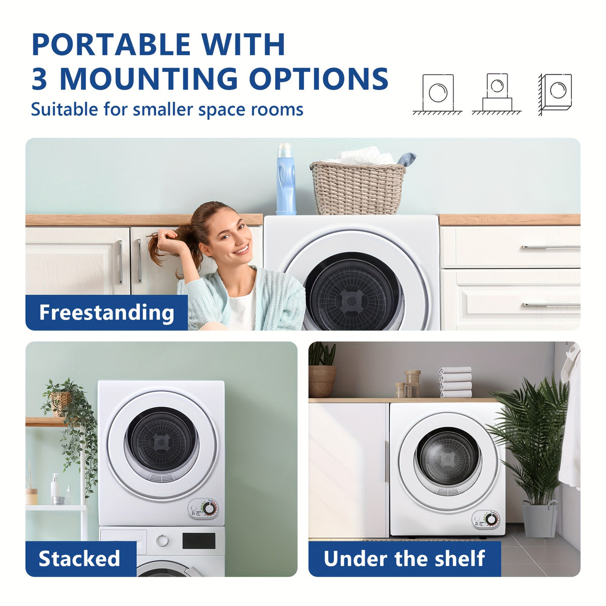 850W Compact Portable Clothes Dryer, 110V, 1.5/1.6/1.85/2.65Cu.ft Front Load with Stainless Steel Tub, Electric Laundry Drying Machine, Easy to Control, Perfect for Apartments, RVs, Dorms, In White.