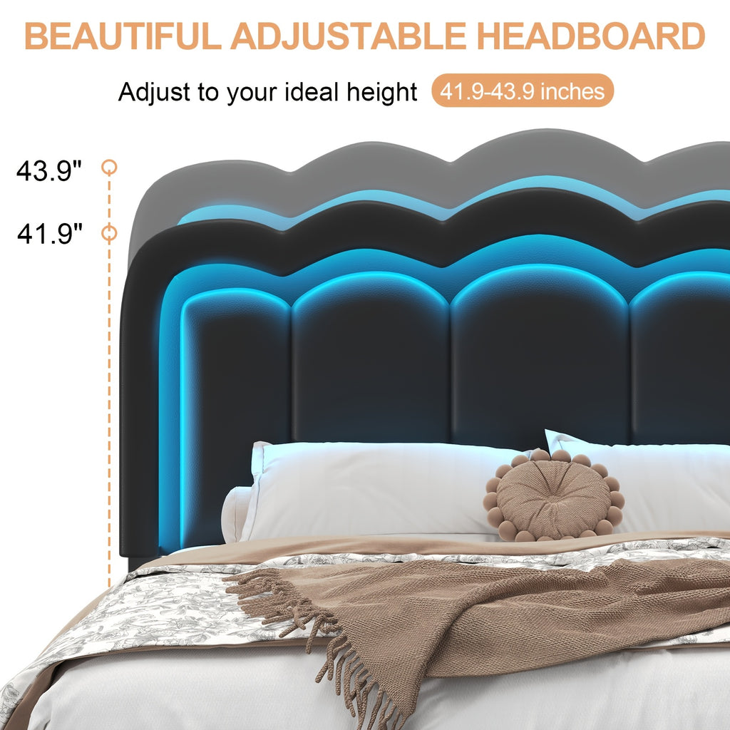 Upholstered Platform Bed Frame with 4 Storage Drawers & Adjustable Headboard, Full/Queen Size Bed Frame with LED Lights & Charging Station, Strong Metal Slats Support, No Box Spring Needed, Easy Assembly, Black/White