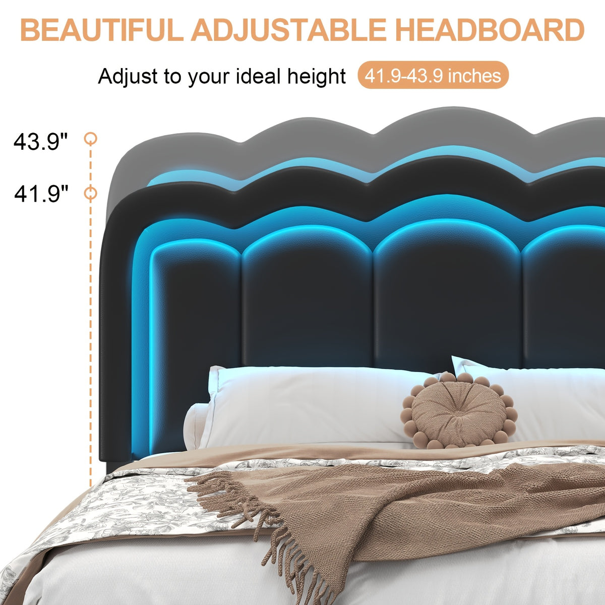 Upholstered Platform Bed Frame with 4 Storage Drawers & Adjustable Headboard, Full/Queen Size Bed Frame with LED Lights & Charging Station, Strong Metal Slats Support, No Box Spring Needed, Easy Assembly, Black/White