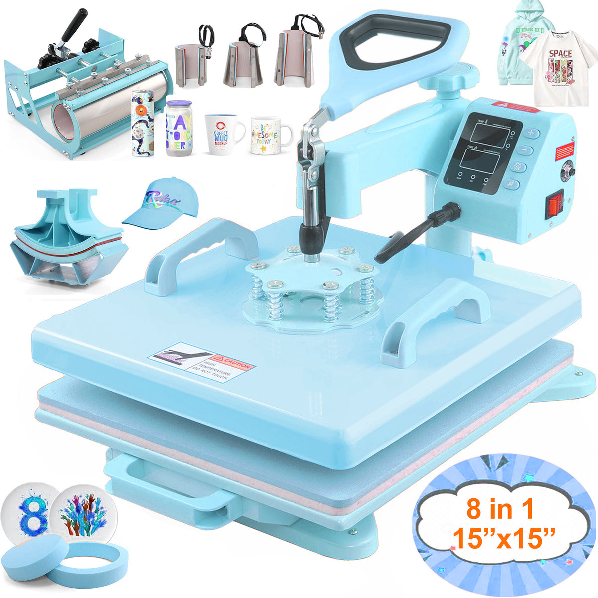 HOMDOX 15"x15" 8-in-1/5-in-1 Heat Press with 30OZ Tumbler Press for T-Shirt/Tumbler/Mug/Hat/Cap/Plate - Slide Out 360° Swing Away Digital Shirt Press Machine, Industrial-Quality Heat Transfer Sublimation