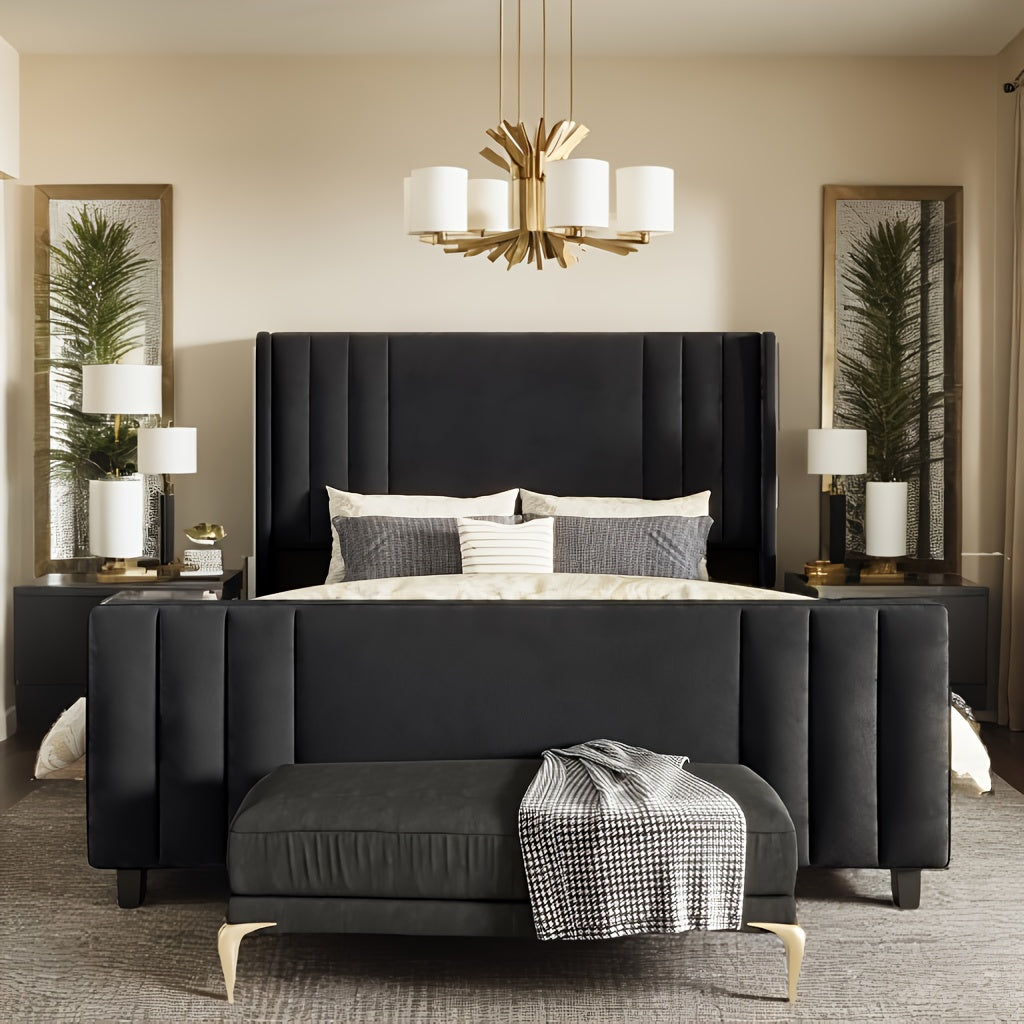 LUXOAK Velvet Upholstered Platform Bed Frame with Vertical Channel Tufted Wingback Headboard & Footboard - Mattress Foundation with Wood Slats, No Box Spring Required