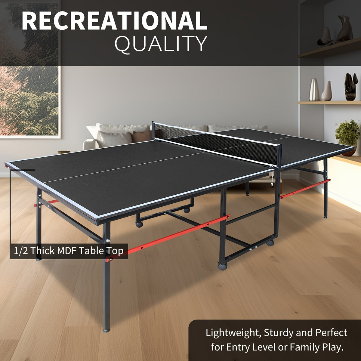 8ft Folding Rolling Table Tennis Table Regulation Ping Pong Table with 2 Paddles 3 Balls 1 Net And Post Set Fold-Up Design 4 Wheels for Easy Movement, BLACK