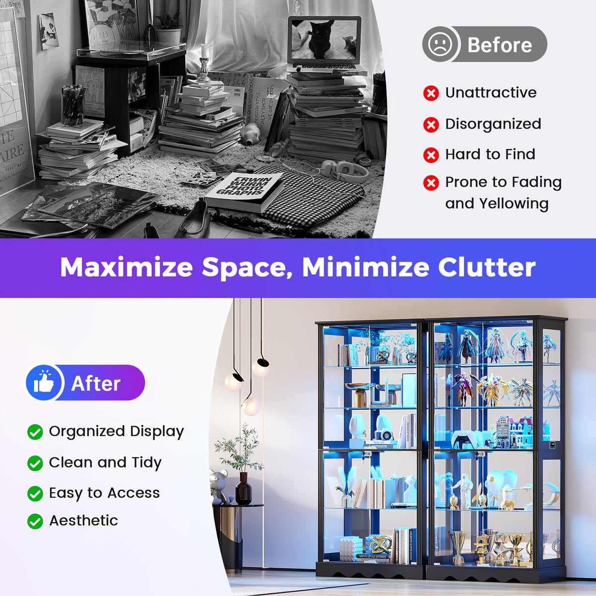 Display Cabinet with Glass Doors, 71'' Tall Curio Cabinet with RGB Lights for Collectibles, LED Display Case with Removable Shelf for Book/Medal/Figure, Black And White