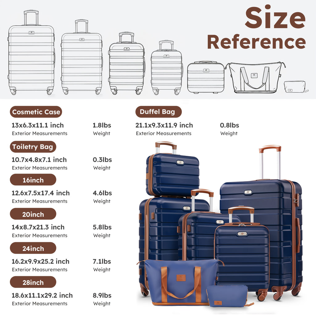 Suitcase Travel Set in 7 Pieces for Carry-On and Checked Trips Across 13 16 20 24 and 28 Inch Sizes