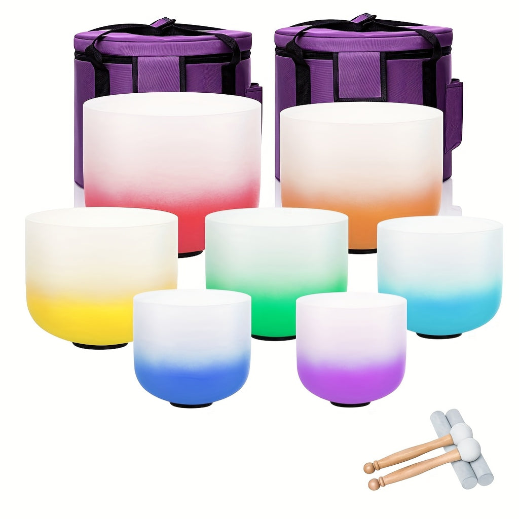 [Singing Bowls] Quartz Crystal Singing Bowls | Set of 7 | Quartz Crystal | Aria Gradient Design | For Meditation Yoga | 6-12 Inch | With Case Mallet Striker