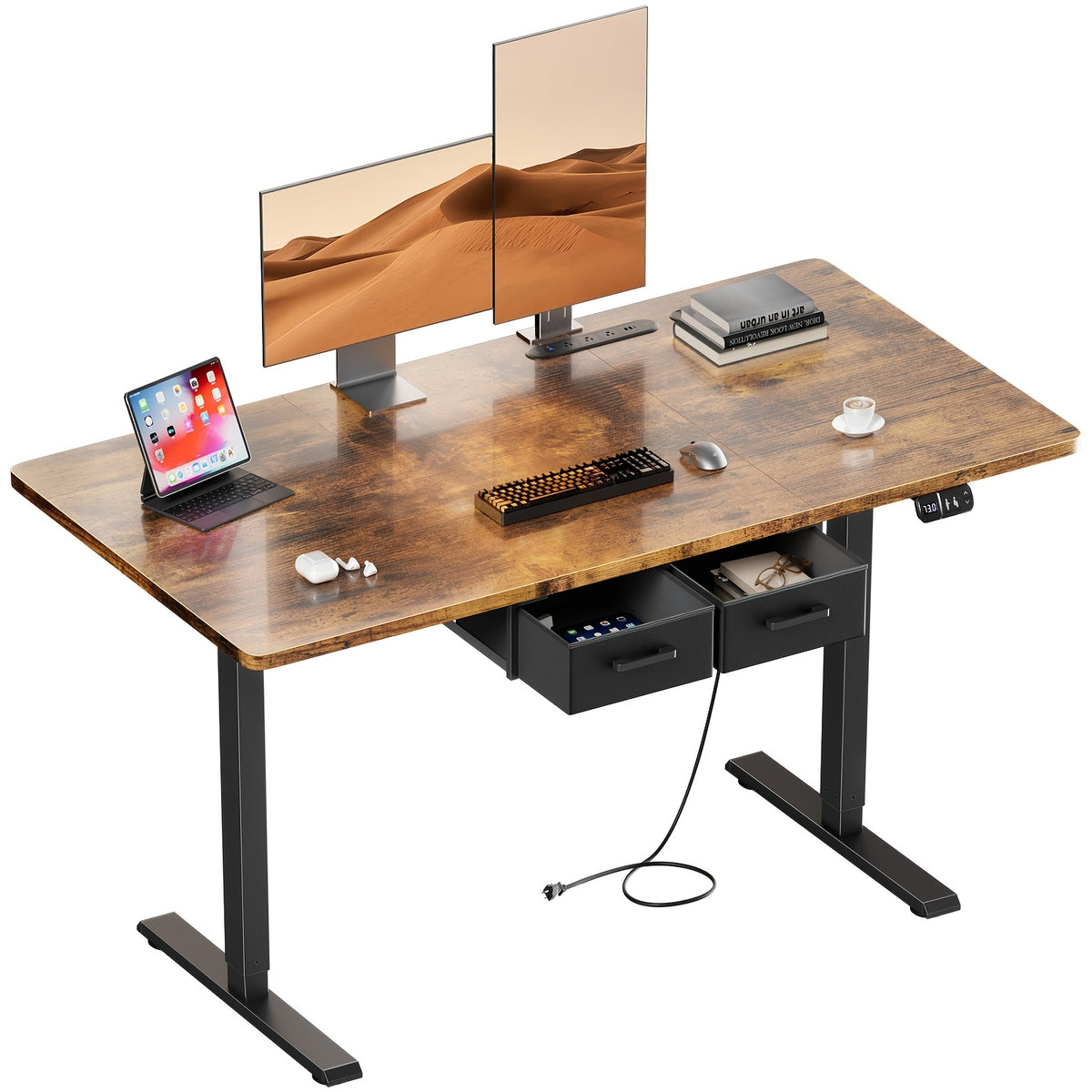 Electric Standing Desk with Dual Drawers and Built-In Power Panel for Home Offices and Gaming Setups
