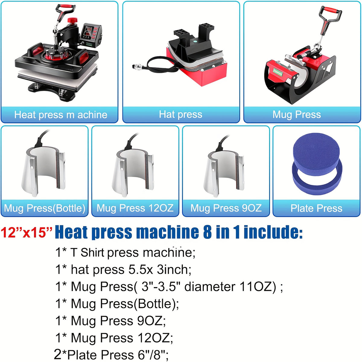 8-in-1/5-in-1 15"x12" Heat Press Machine Set, Professional Sublimation Machine, Rotatable T-Shirt Printing Heat Transfer Digital Industrial Quality Heat Press, Suitable For T-Shirts, Bags, Pillows, Mugs, Hats, Plates, Beanies