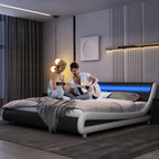 Modern Upholstered LED Bed Frame with Adjustable Headboard & Faux Leather Wave Bed - Metal Platform Bed Frame, No Box Spring Needed, Easy Assembly, Contemporary Bed for Small Spaces Suitable for Modern Bedrooms