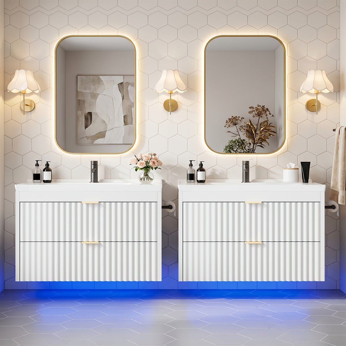 24" Wall Mount Floating Bathroom Vanity with LED Lighting, 3-Hole Ceramic Sink Included, Wave Fluted Textured Cabinet Door, 2 Soft Close Drawers, Modern Suspended Bathroom Vanity Cabinet for Small Bathrooms, Black & White Optional