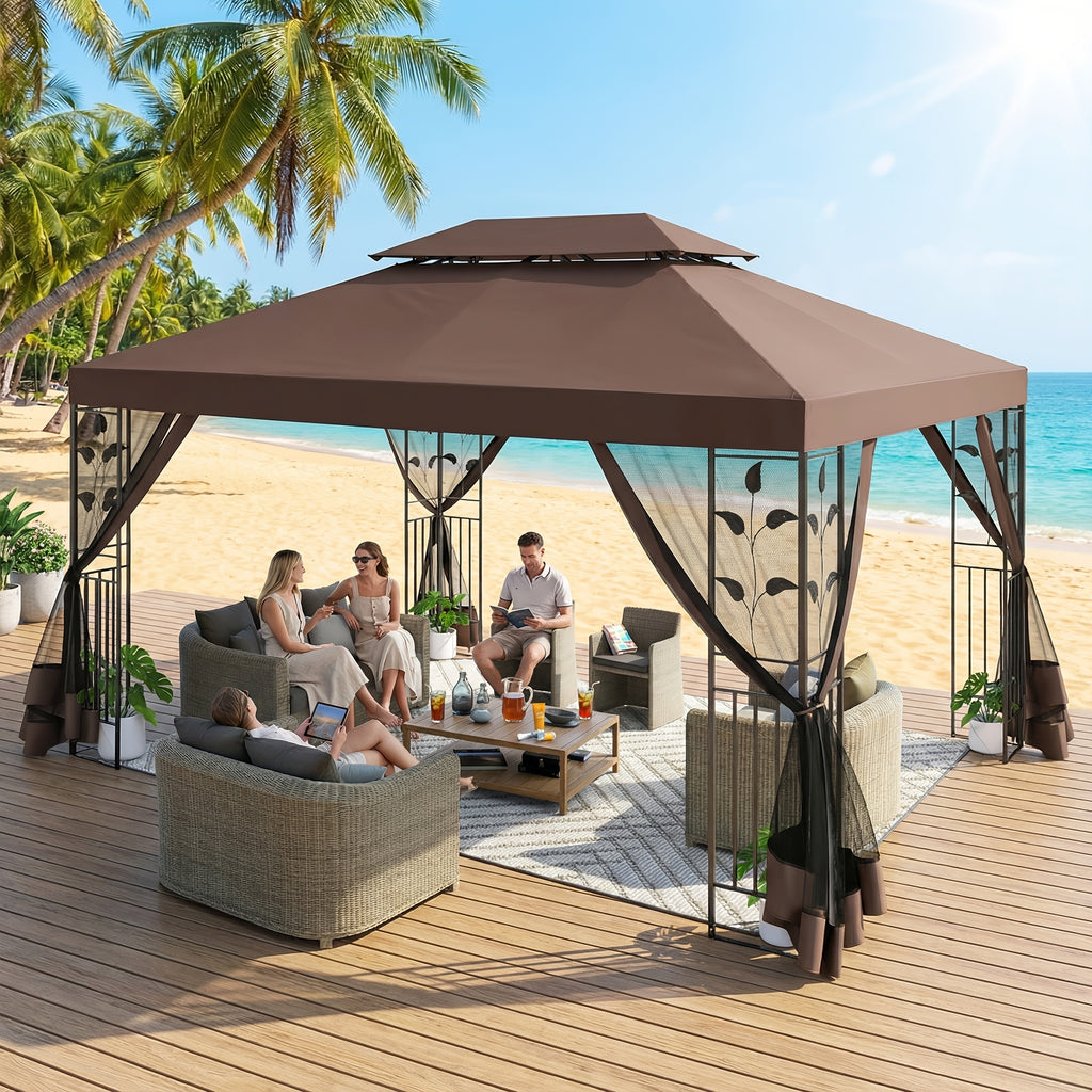 10×13ft Wedding Party Canopy, Outdoor Folding Gazebo, With 4 Detachable Mosquito Net Walls, With Ground Stakes, Easy Set Up, Sun Protection, Double Roof Design, Suitable For Garden, Courtyard, Outdoor, Villa, Terrace, Deck, Birthday Gift, Game Tent