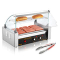 VEVOR Hot Dog Roller 7 Rollers 18 Hot Dogs Capacity 1400W Stainless Sausage Grill Cooker Machine with Dual Temp Control Glass Hood Acrylic Cover Bun Warmer Shelf Removable Oil Drip Tray.