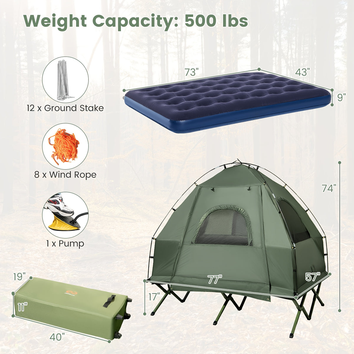 MULTIGOT 2-Person Compact Portable Pop-Up Tent/Camping Cot W/ Air Mattress & Sleeping Bag