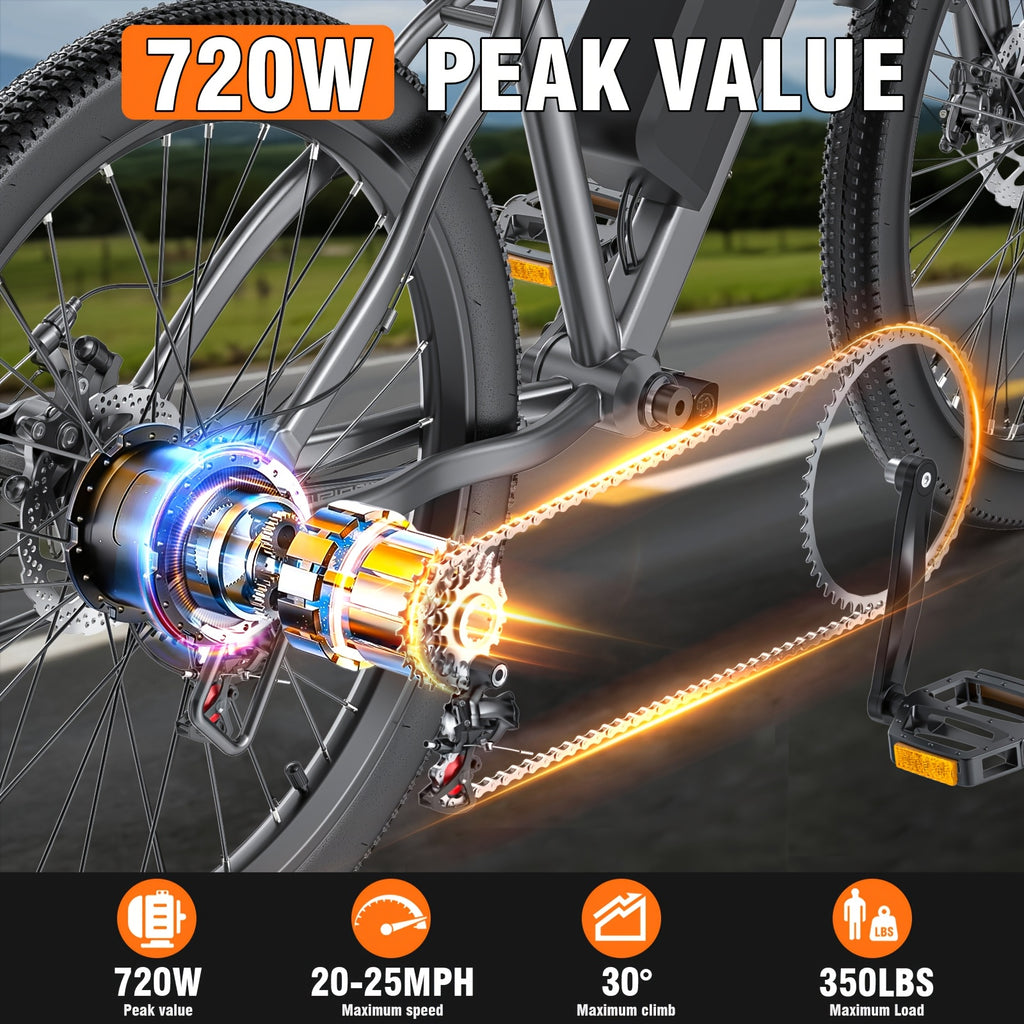 Road Electric Bike 720W Motor Top Speed 20-25MPH 375WH Battery 50 Miles Of Battery Life Suitable for Urban Commuting And Mountain Cross-country for Adults And Teenagers An Ideal Gift for Cycling Enthusiast