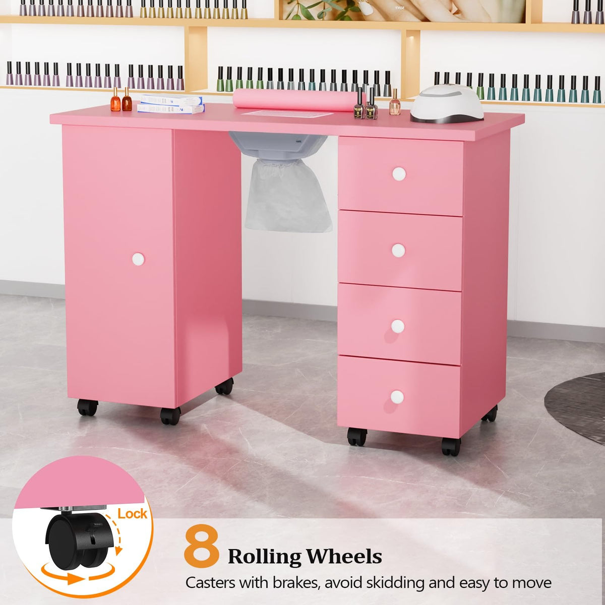 Ergonomic Manicure Table Nail Desk Beauty Salon Tech Station for Nail Tech with Lockable Casters Wrist Rest Cushion and Built in Storage Drawers Designed for Daily Nail Art Work and Commercial Salon Operation