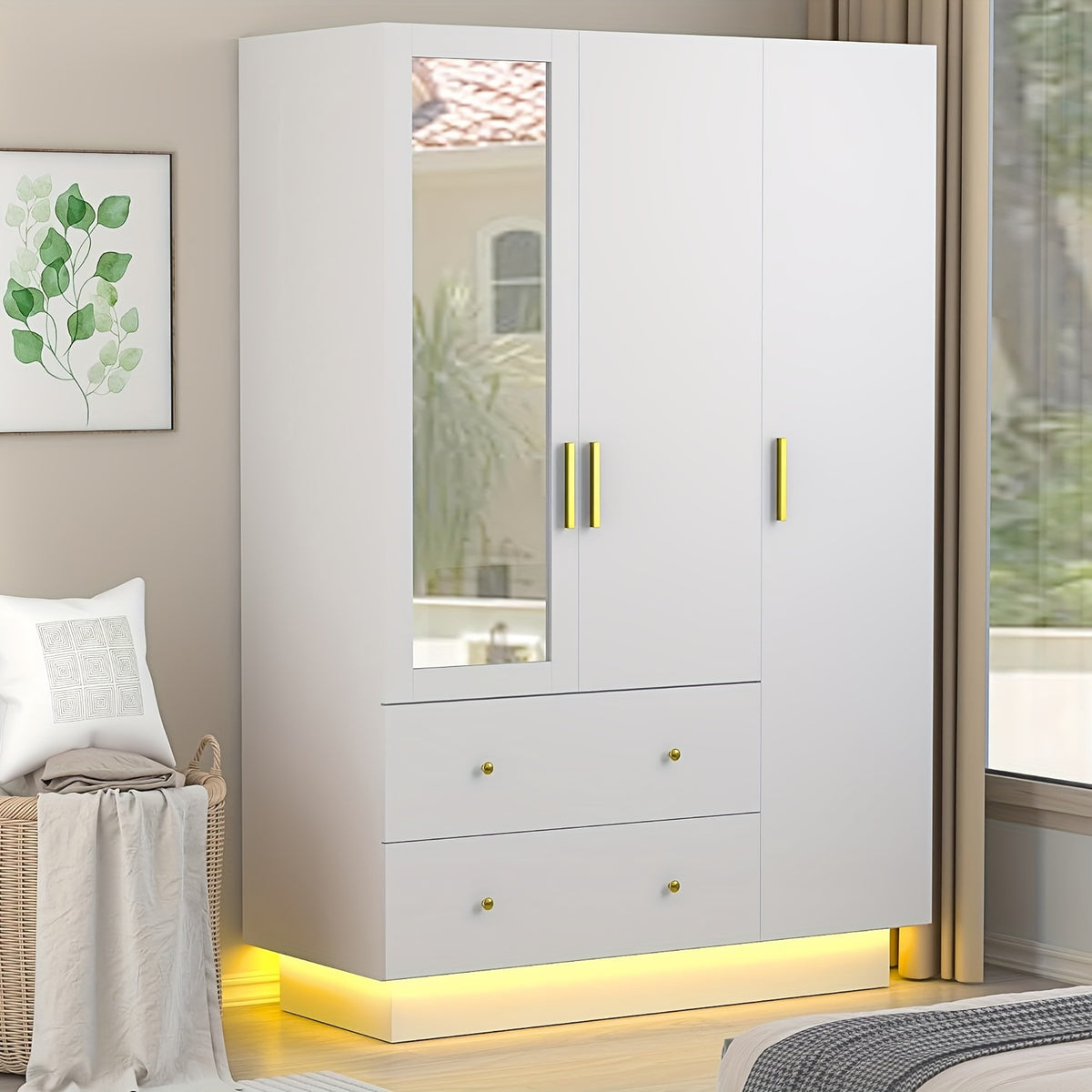Modern Wardrobe Closet with Mirror And LED Lights, Bedroom Armoire with Drawers And Shelves, Wooden Closet Cabinet with Hanging Rod