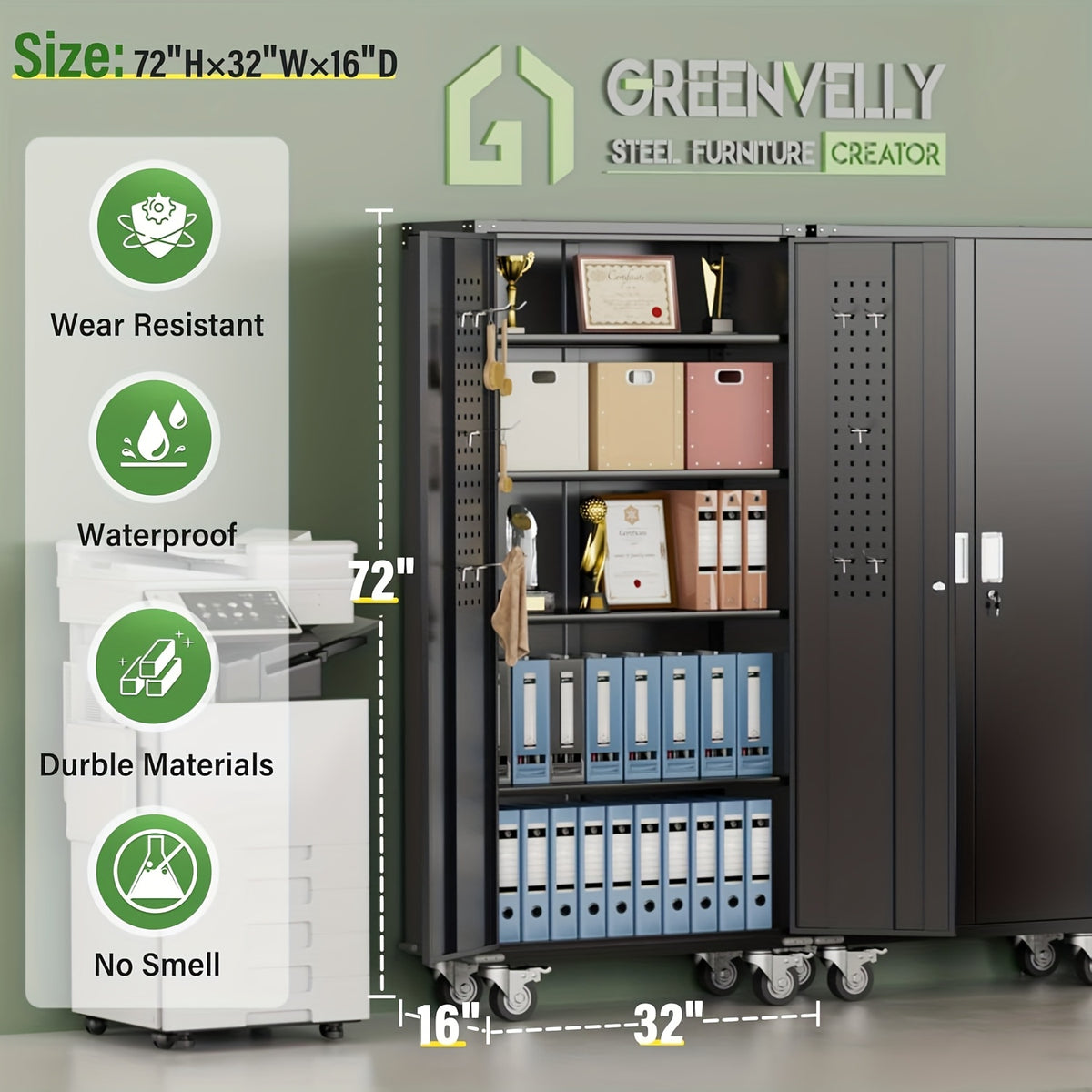 75''/72''*32''*16" Metal Pulley Office Storage Cabinet, Rollable Metal Cabinet, with Wheels, Locking Door And Adjustable Shelves, Suitable for Steel Tool Cabinets In Home Offices, Garages, And Warehouses, Black/White