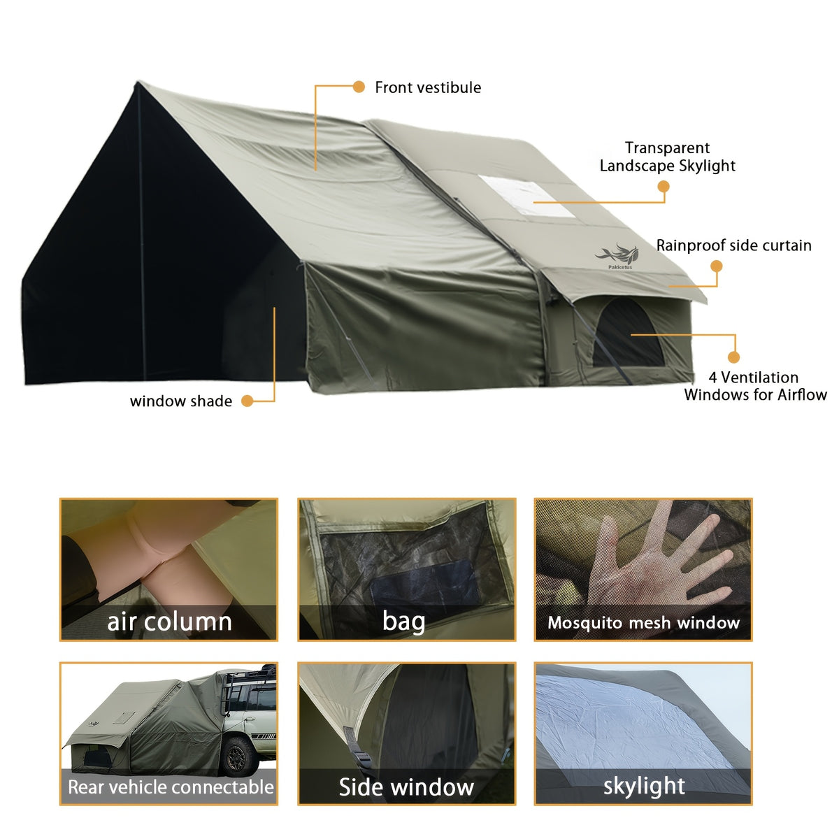 PAKICETUS Inflatable SUV Tailgate Tent with Air Pump for Quick Setup, 4-6 Person Model, Breathable Mesh for Smooth Ventilation, Windproof Oxford Fabric Inflatable Shelter, Suitable for Summer Glamping and Car Camping