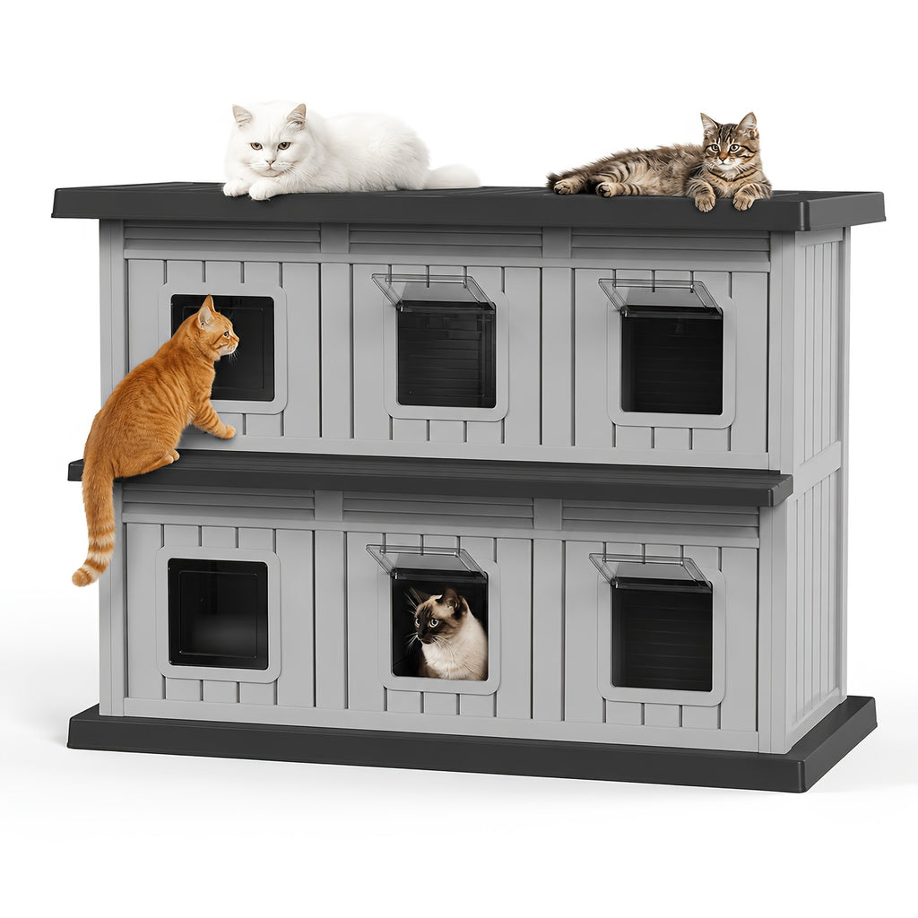 Double-Layer Stray Cat House - 2-Story Outdoor/ Cat Shelter with Large Cozy Space, Multiple Small Windows for Ventilation, Easy Assembly Solid Structure, Gray-Black for stray & feral cats (No Required)