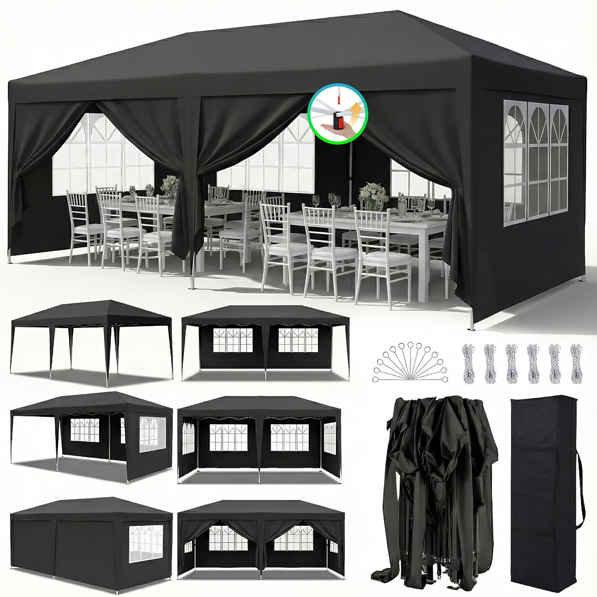 10X20ft Pop Up Wedding Party Tent with 6 Sidewalls, Heavy Duty Commercial Outdoor Canopy All Season Wind & Waterproof Canopy Gazebo with Storage Bag