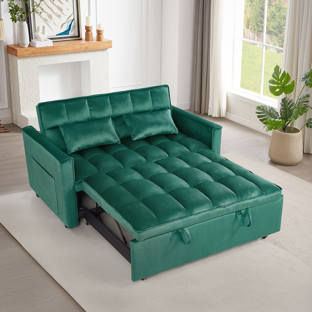 54Inch Velvet 3 in 1 Convertible Sleeper Sofa Bed, Futon Couches for Living Room with Side Pocket | Adjustable Backrest | Velvet Fabric | Pull Out Couch | Love-Seat Sofa | Sectional Sofa Bed | 2-Seat Sofa Bed