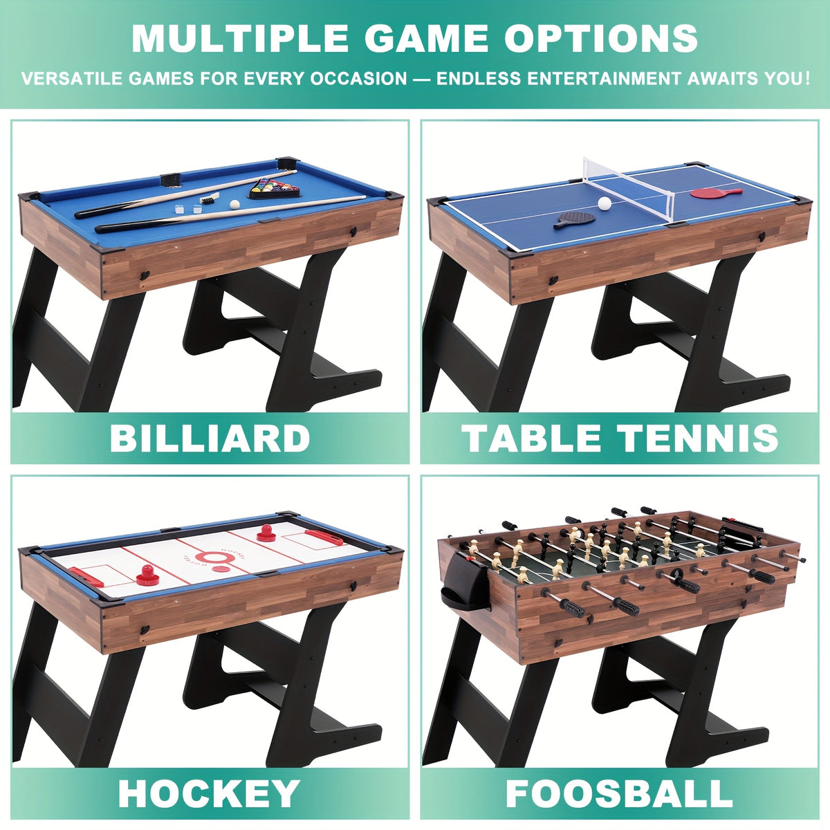 54 Inch Four-In-One Multifunctional Gaming Table, Foldable for Easy Storage And Combination Gaming Table, Suitable for Adults, Families, And Gaming Rooms, Equipped with Table Tennis, Hockey, Billiards, And Table Football