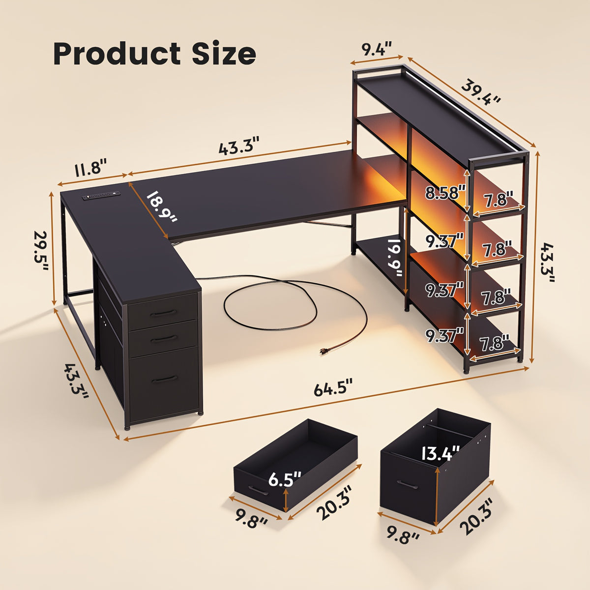 L-Shaped Desk with Storage Shelves, 64.5" Reversible U-Shaped Office Desk with 3 Fabric Drawers, Gaming Desk with Power Outlet & LED Strip, Large PC Workstation for Home Office, Brown/Black/White/Gray
