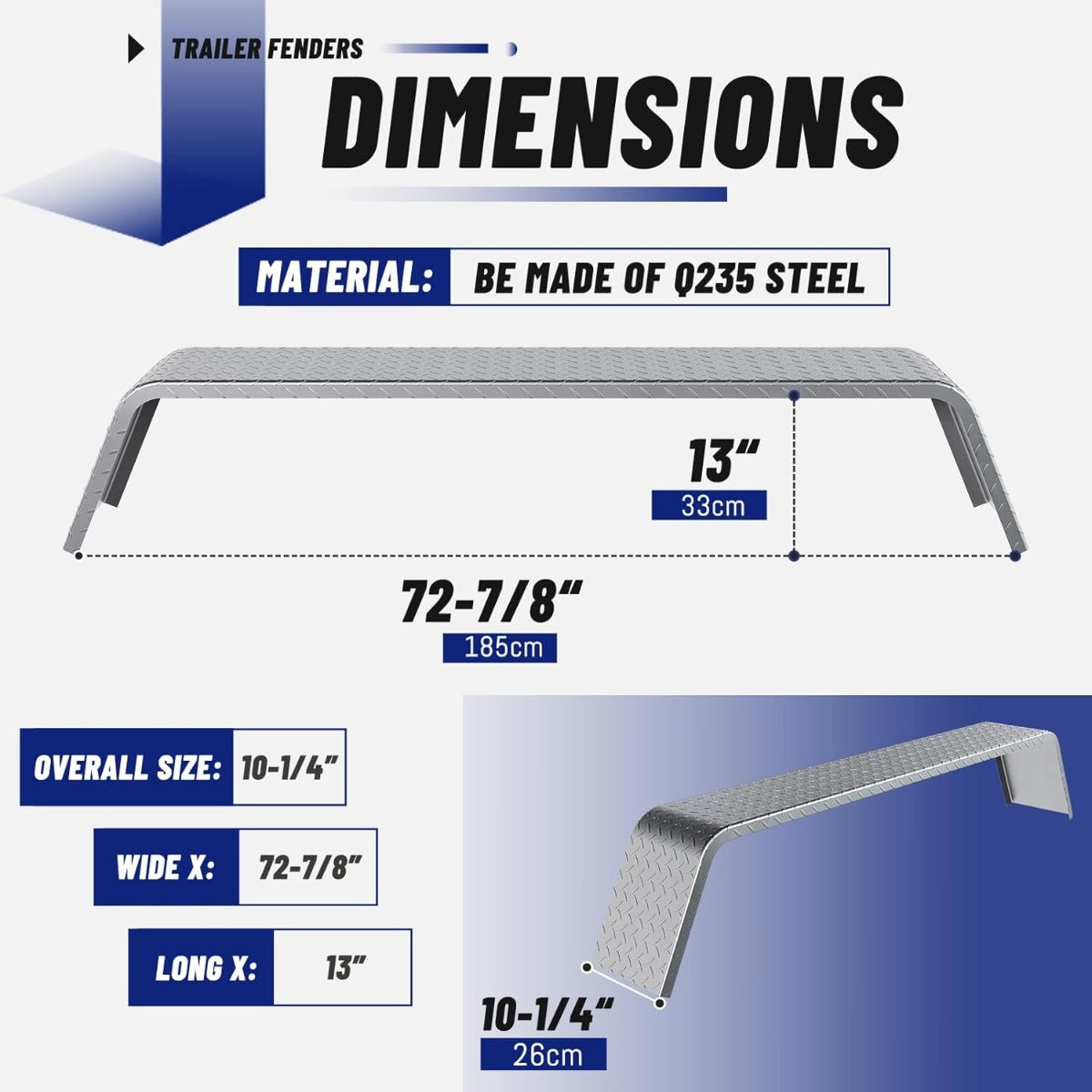 Tandem Axle Trailer Fenders 72-7/8"x10-1/4"x13" Fit 13"-15" Tires Steel 14 Gauge Diamond Tread Plate Cargo Utility Landscape 2 Pcs