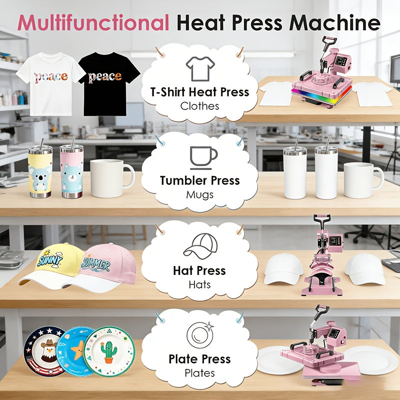 12x15 Inch 5in 1 Heat Press Machine, 360° Swing Away Sublimation Heat Press with 20oz & 30oz Tumbler Attachments, Multifunctional for T-Shirts, Mugs, Hats And Plates, Pink