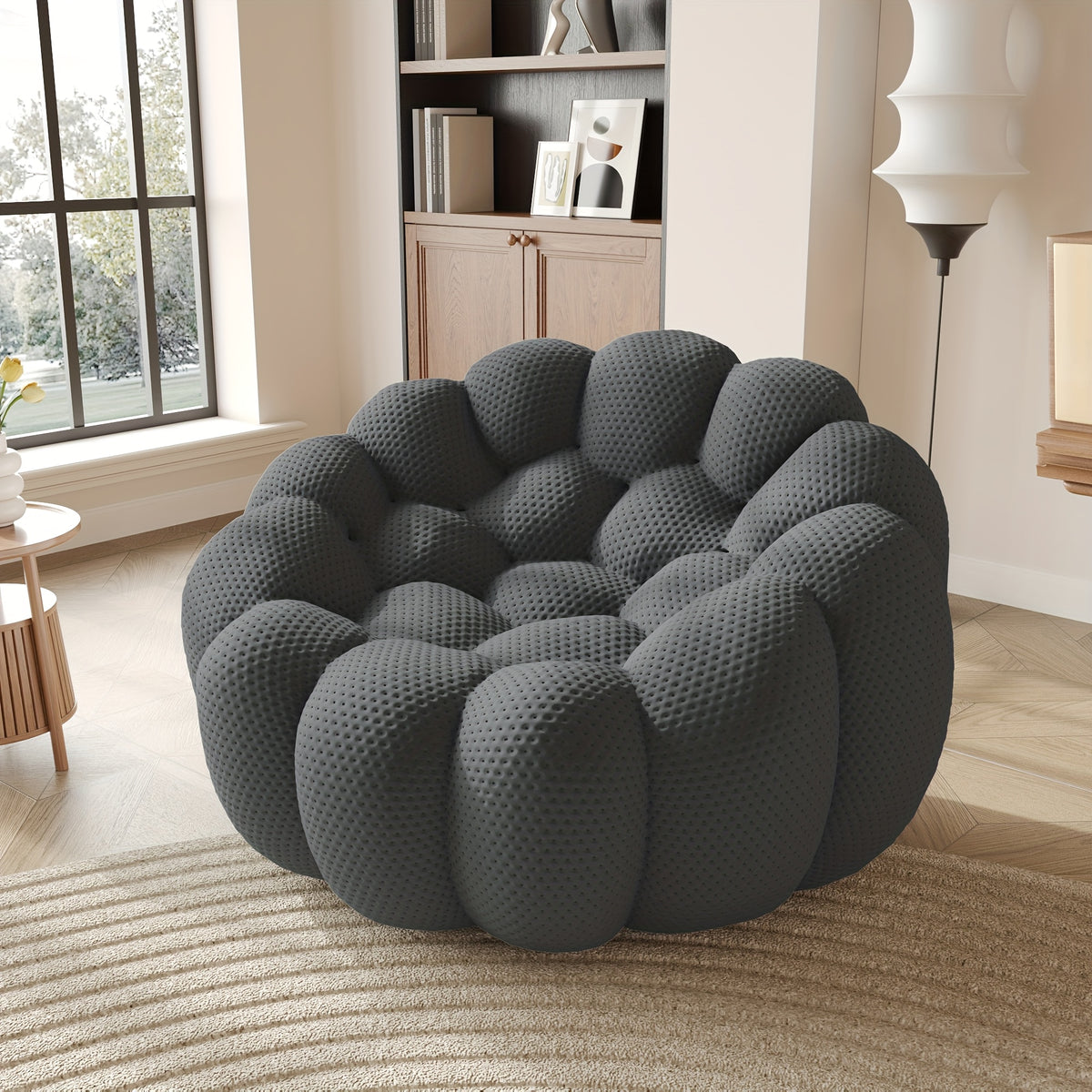 100.03'' Modern Upholstered Curved Sofa, 3 Seater Mesh Fabric Floor Sofa, 3D Honeycomb Shape Curved Couch for Living Room