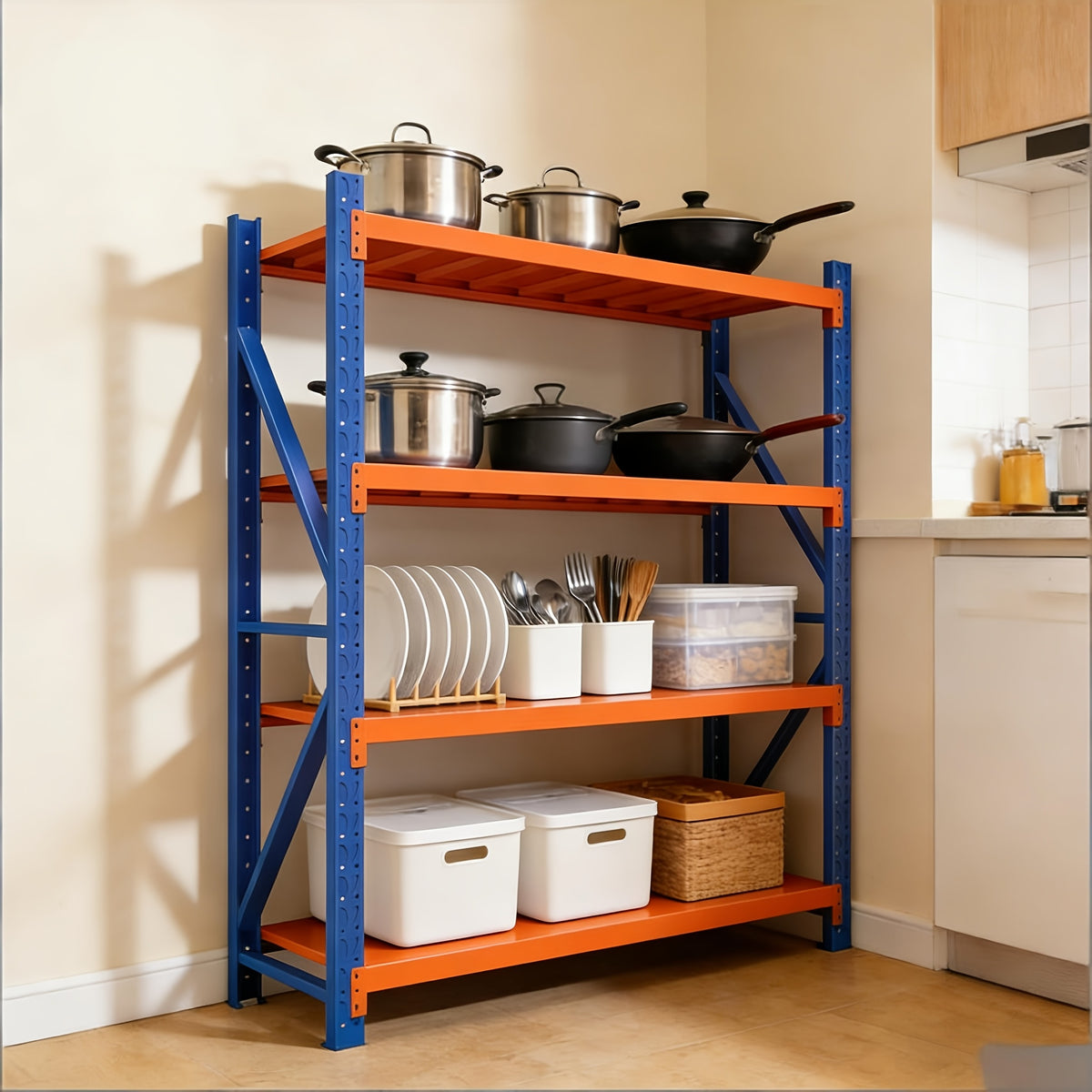 [4-Tier Garage Storage] Heavy-Duty Garage Shelving, 4-Tier Adjustable Garage Storage Metal Rack. For Home, Garage, Basement, And Laundry Room. Dimensions: 23.7" Deep X 59.1" Wide X 78.8" High. Color: Blue-Orange Storage And Organization