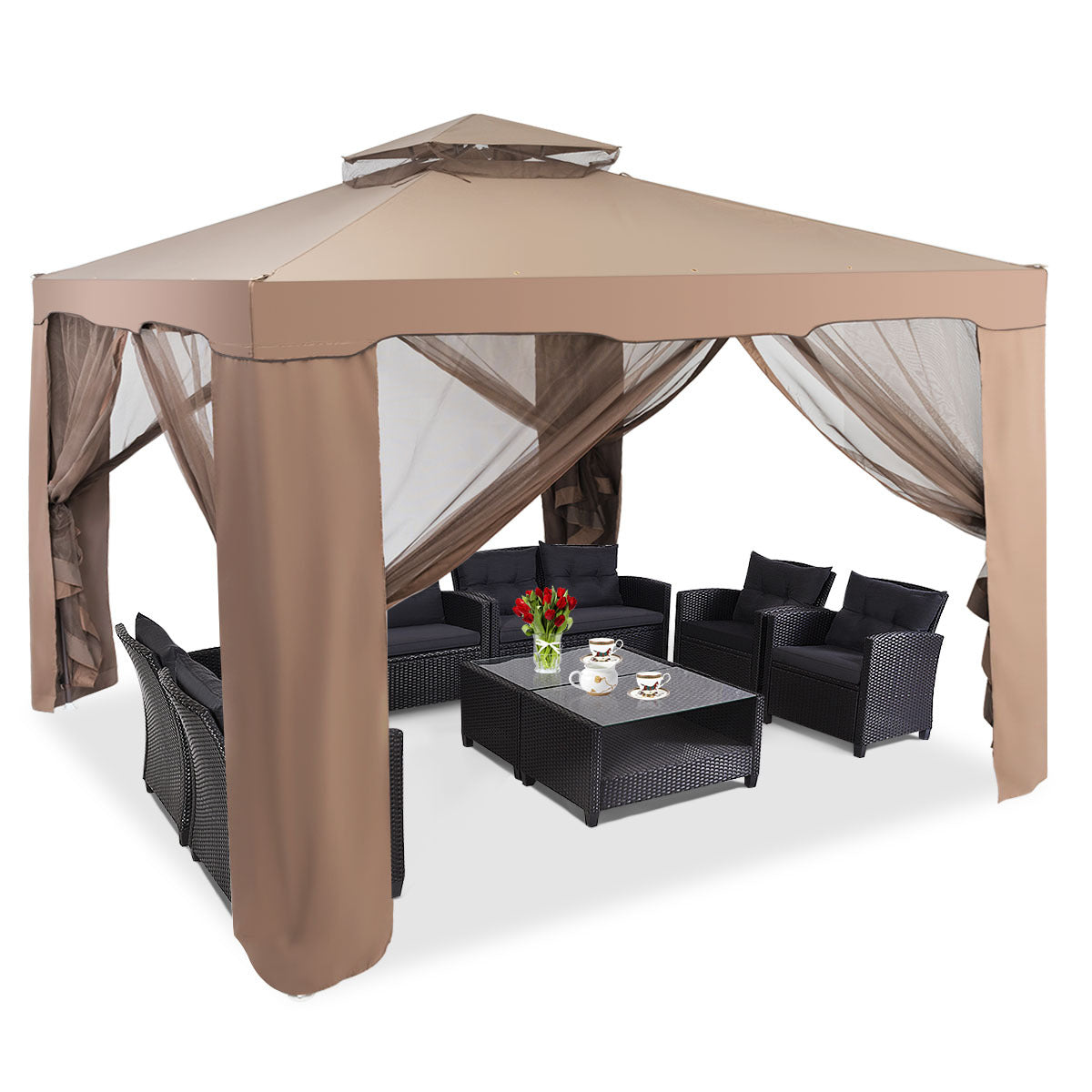 SAFSTAR 10'x 10' Canopy Gazebo Tent Shelter Garden Lawn Patio W/Mosquito Netting Coffee