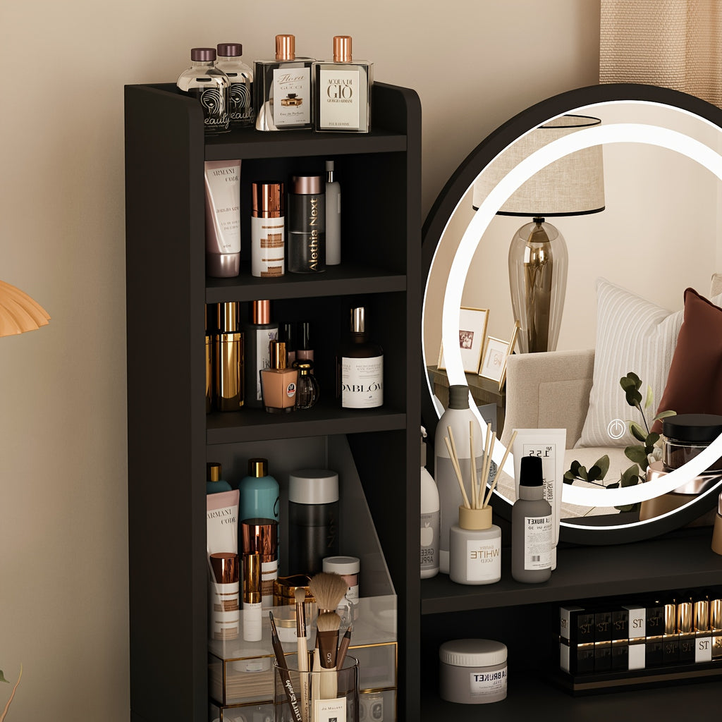 Unique Black Dressing Table Set, With LED Light Mirror, Open Storage Shelves And Stool, Modern Bedroom Dressing Table, Black