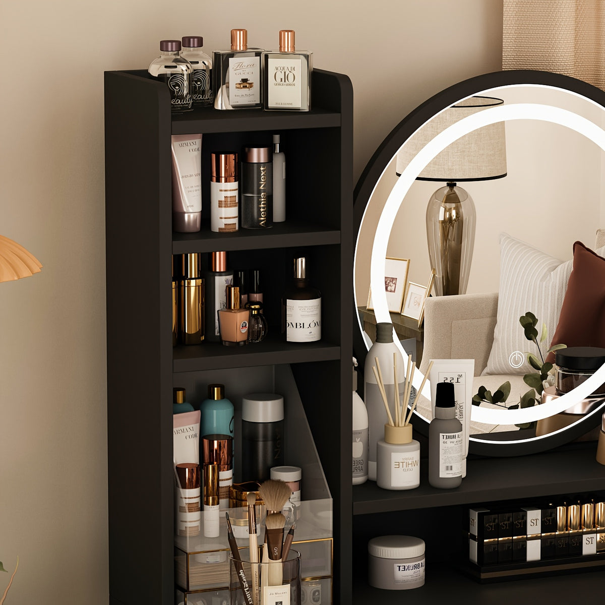Unique Black Dressing Table Set, With LED Light Mirror, Open Storage Shelves And Stool, Modern Bedroom Dressing Table, Black