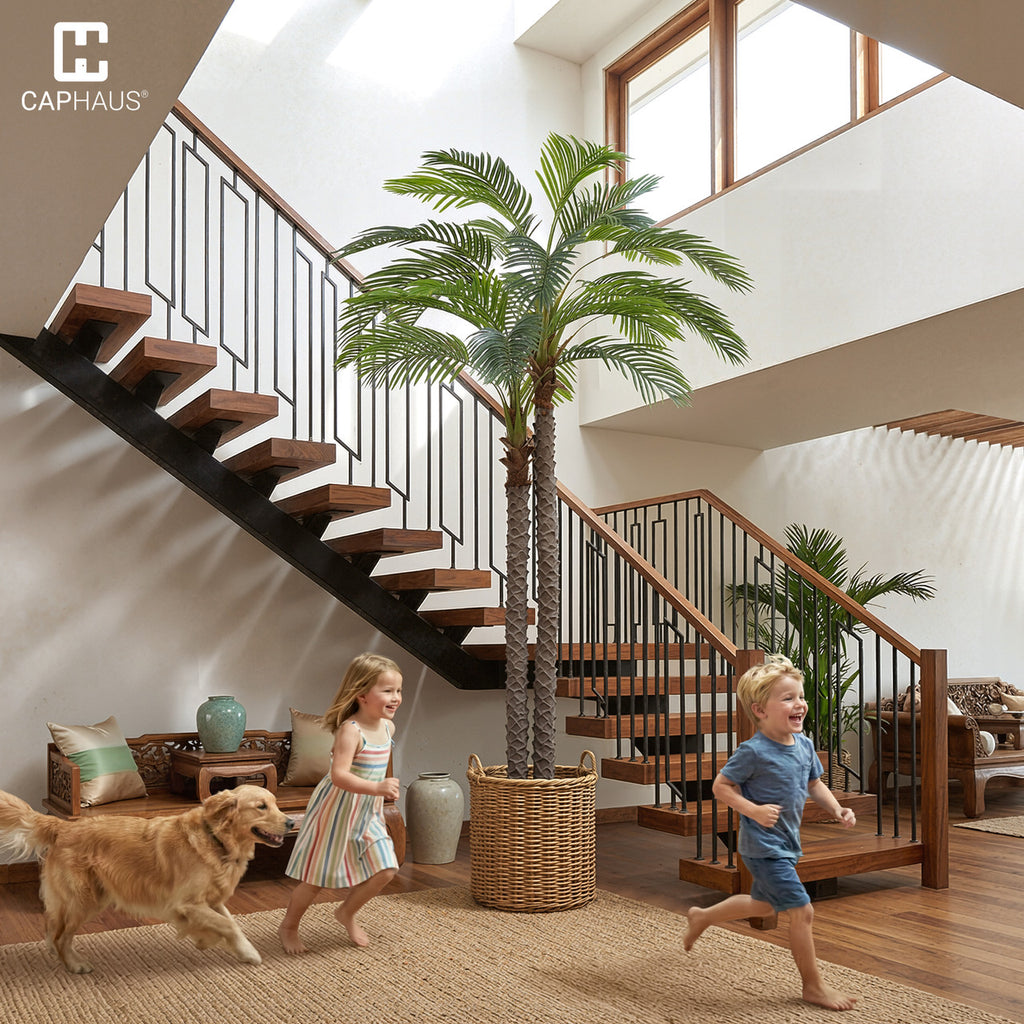 CAPHAUS 10FT Artificial Phoenix Palm Tree, Double Stem Faux Palm with Black Pot, Realistic Fake Plant for Indoor Outdoor Home Office Patio Décor, Low Maintenance Large Artificial Palm Tree