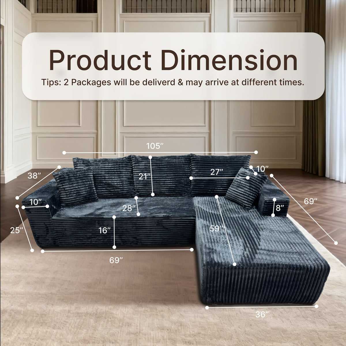 105" Boneless Cloud Couch for Living Room, Modular Sectional Sofa with Chaise, 4-Seater L-Shaped Sofa with Corduroy Fabric, No Assembly Required, Comfy Fluffy Sofa Bed for Bedroom, Compressed Sofa Package.