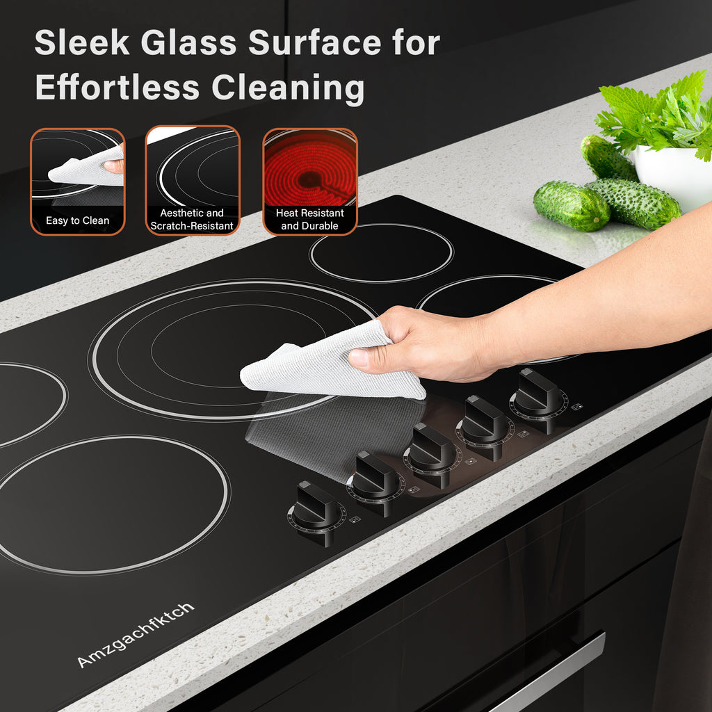 5 Burner Countertop Electric Cooktop, 30 Inch Built-in Ceramic Stove Top, 30" Radiant Electric Stove Top With Knob Control, Hot Surface Indicator, 9000W, 220V-240V Hard Wire(No Plug)