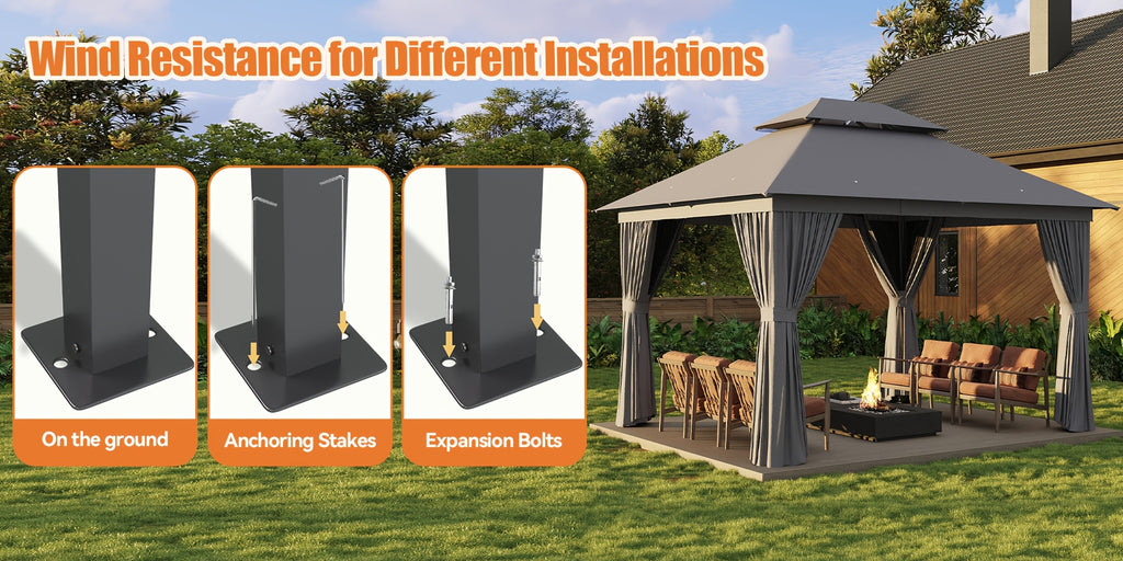 10'X12' Outdoor Double Ventilated Gazebo & Pergola On, Heavy Metal Frame Double Roof, Party Tent with Mosquito Net And Privacy Screen, Suitable for Backyard, Lawn, Garden, Deck (Grey/Beige/Blue 10'X12'/10'X10/8'X8')