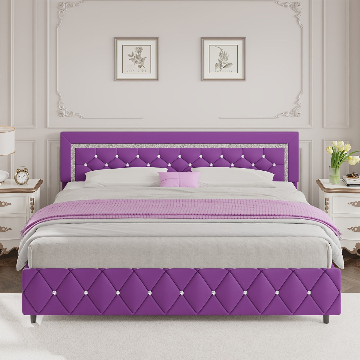 4ever2buy Twin Full Queen King Platform Bed Frame with Upholstered Diamond Headboard, Mattress Foundation with Strong Wooden Slats Support, No Box Spring Needed, Easy Assembly, Valentine's Day Gifts, Pearlized White, Black, Pink, Green, Grey, Beige