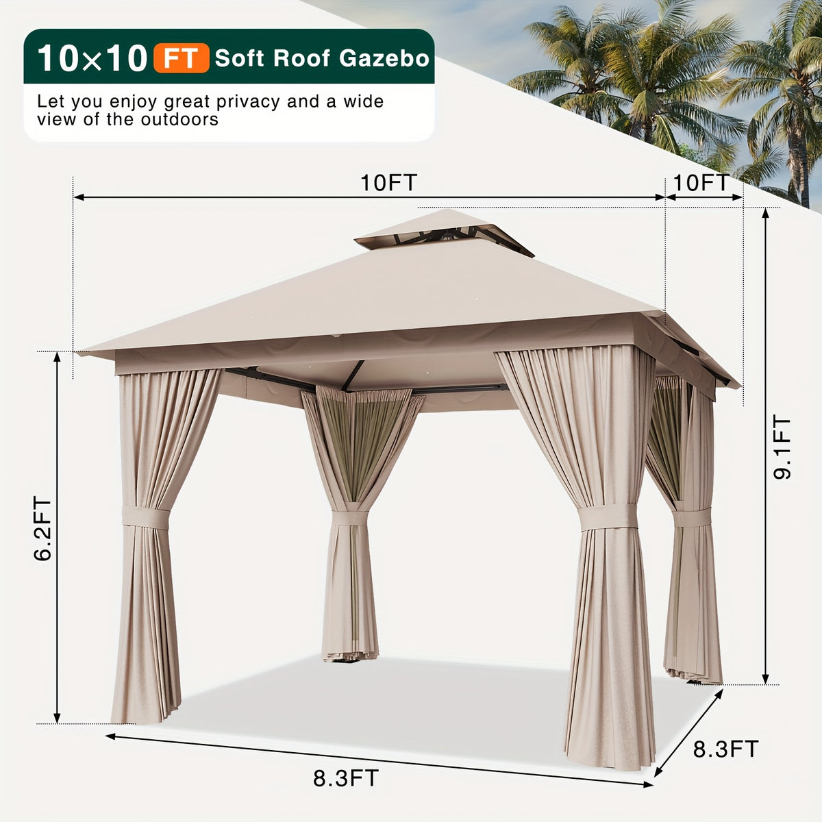 10'X12' Outdoor Double Ventilated Gazebo & Pergola On, Heavy Metal Frame Double Roof, Party Tent with Mosquito Net And Privacy Screen, Suitable for Backyard, Lawn, Garden, Deck (Grey/Beige/Blue 10'X12'/10'X10/8'X8')