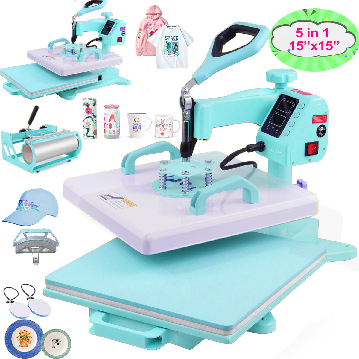 Heat Press Machine 15 x 15 Inch by HOMDOX — 5-in-1 or 8-in-1 Swing-Away Combo for Shirts and Tumblers
