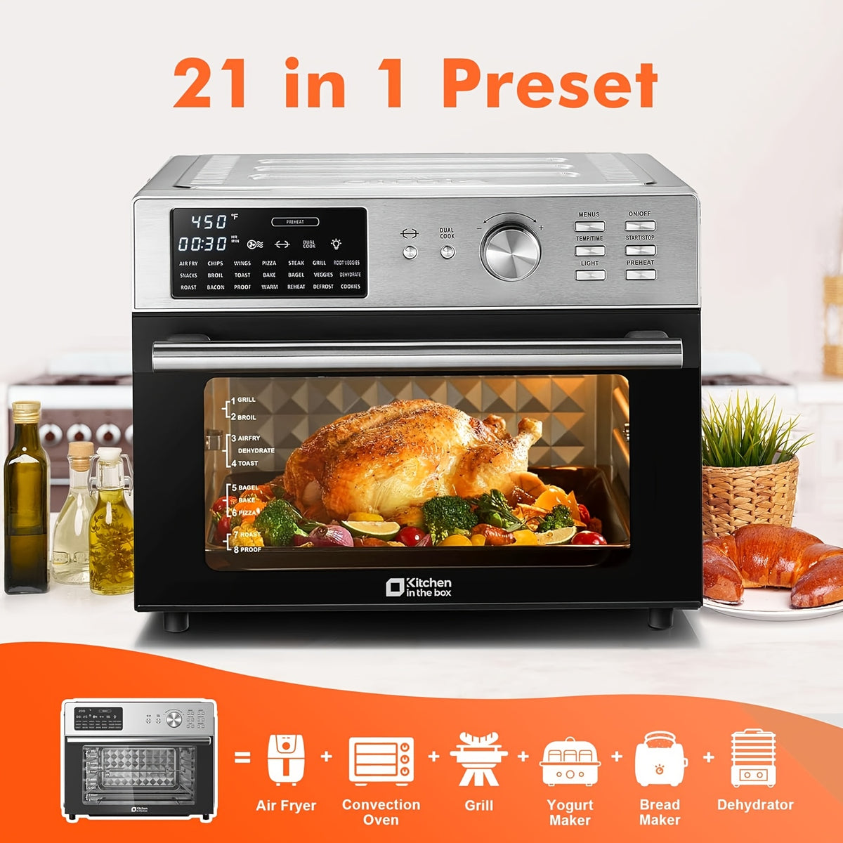 32QT Extra Large Air Fryer Oven Combo, 21-In-1 Tabletop Convection Oven with Rotisserie And Dehydrator, 6pcs Additions, 1800W Dual Cooking Presets (Silvery), Kitchen in The Box Brand