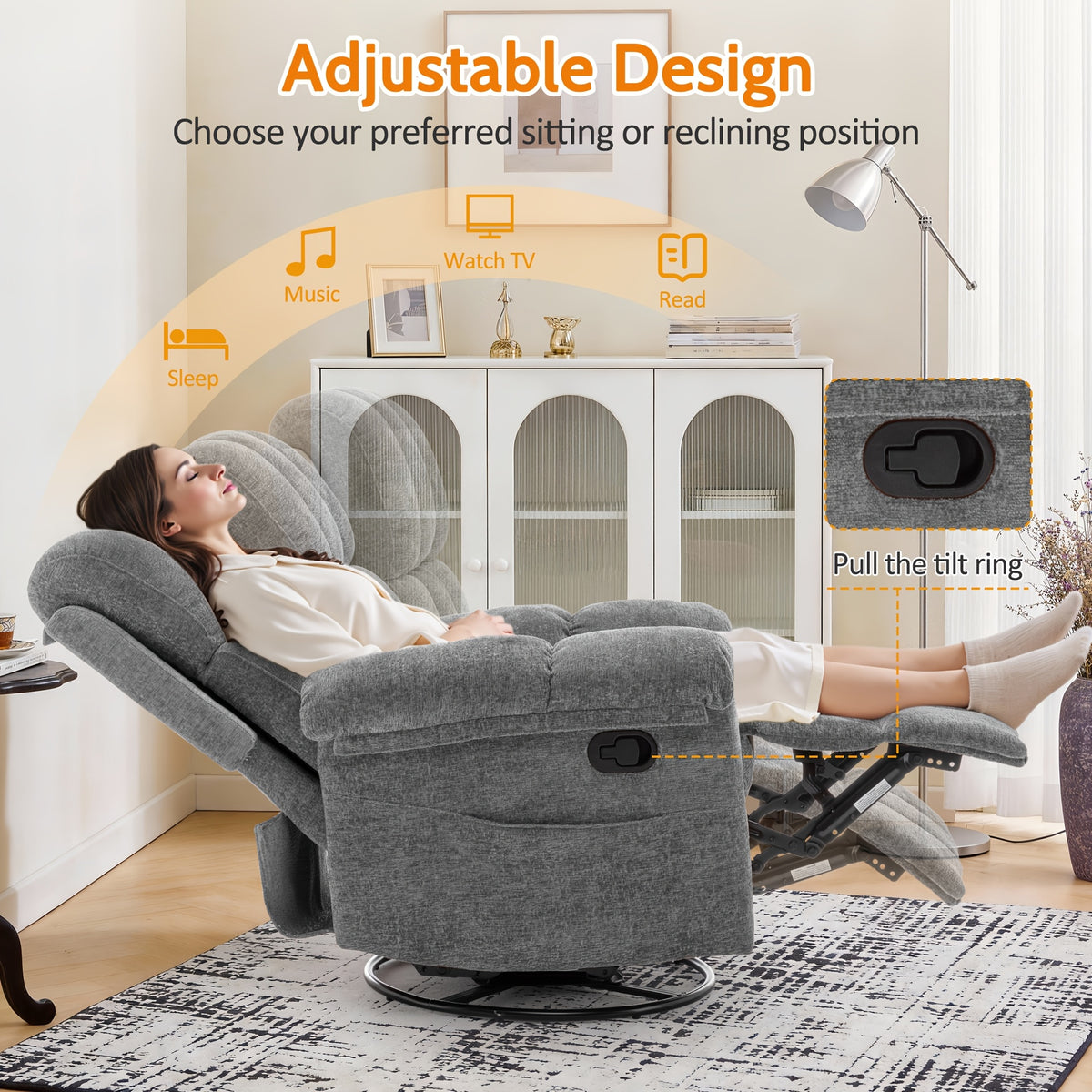 Living Room Single Chair, 360° Swivel Rocking Chair, Manual Rocking Chair for Small Spaces, Rocking Chair with Side Pockets And Armrest Storage, Deep Seat Cushion And Plush Backrest, Chenille Fabric, a Recliner Suitable for The Living Room