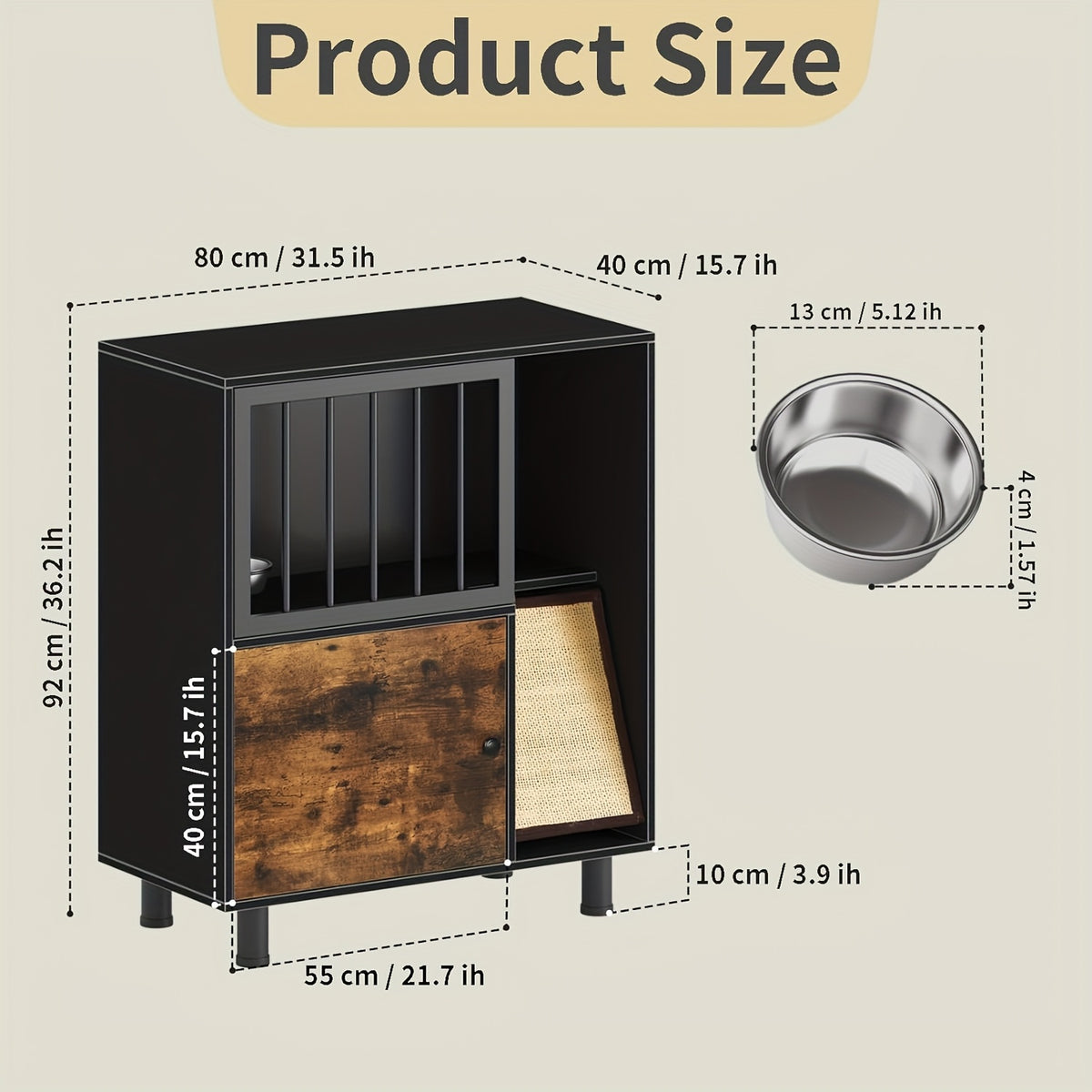 Dog-Proof Wood Cat Feeding Station with Lockable Storage And 2 Removable Stainless Steel Bowls - Anti-Spill Cat Condo with Scratching Board for Indoor Multi-Pet Homes