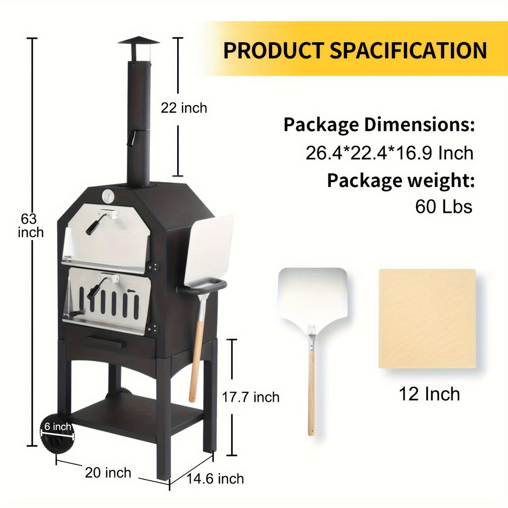 Outdoor Wood-Fired Pizza Oven with Built-In Thermometer, Pizza Peel, Cooking Grates, Stone Plate, And Cover Perfect for Pizza, Grilling, And Roasting