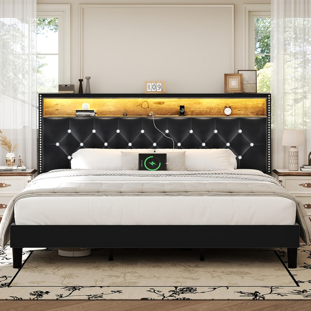 Bed Frame with LED Lights, Velvet Upholstered Platform Bed with Storage Headboard, Charging Station And Diamond Tufted Design - No Box Spring Required - Easy Assembly - Black