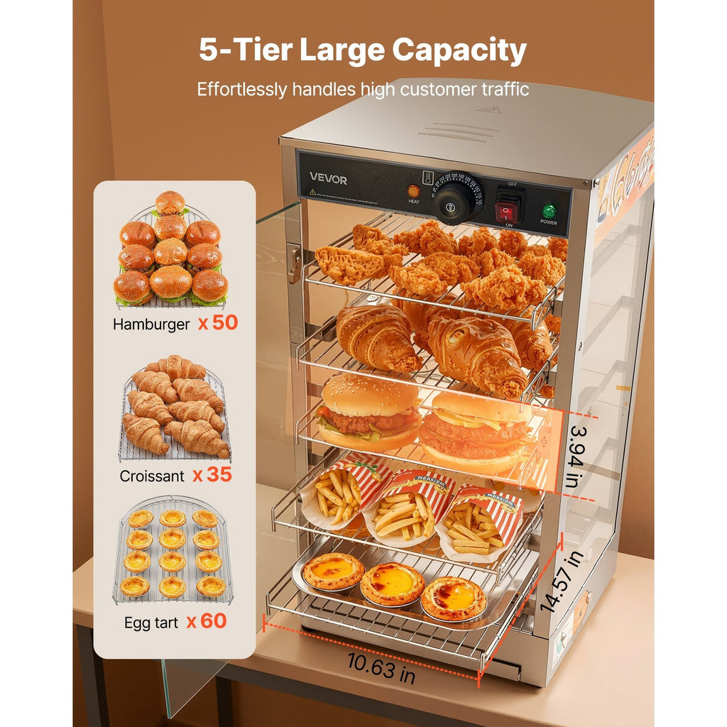 VEVOR 3-Tier/5-Tier Commercial Food Warmer Display, 14inch/15 inch 800W Food Display Warmer with LED Light, Adjustable Shelf and Stainless Steel Frame, 86℉~185℉ Air Heating, 34L for Hamburger, Pizza, Bread, Fried Chicken