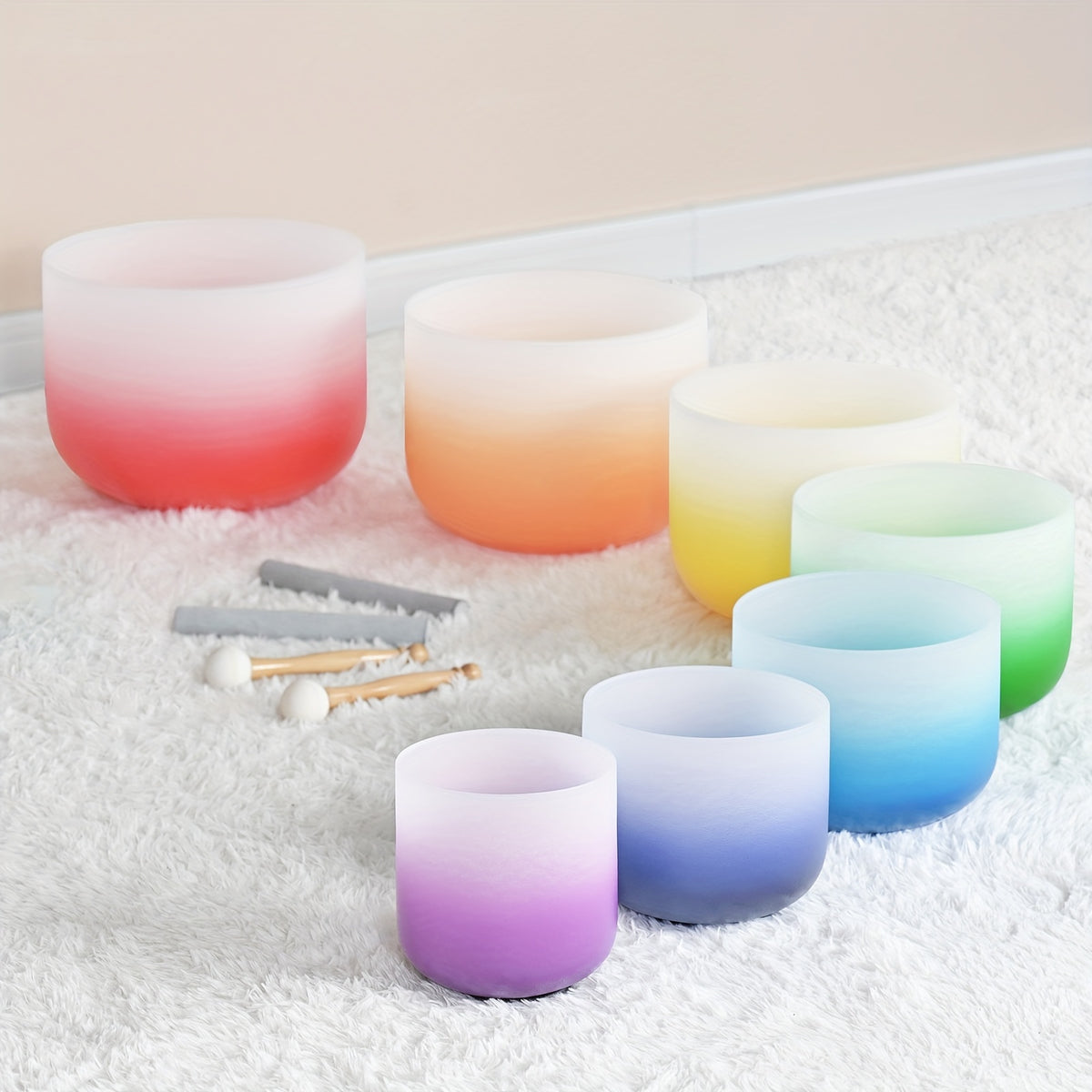 432Hz 7pcs Set Of 6-12 Inch Aria Gradient Design Frosted Quartz Crystal Singing Bowls with Free 2pcs Travel Carry Case Bag.