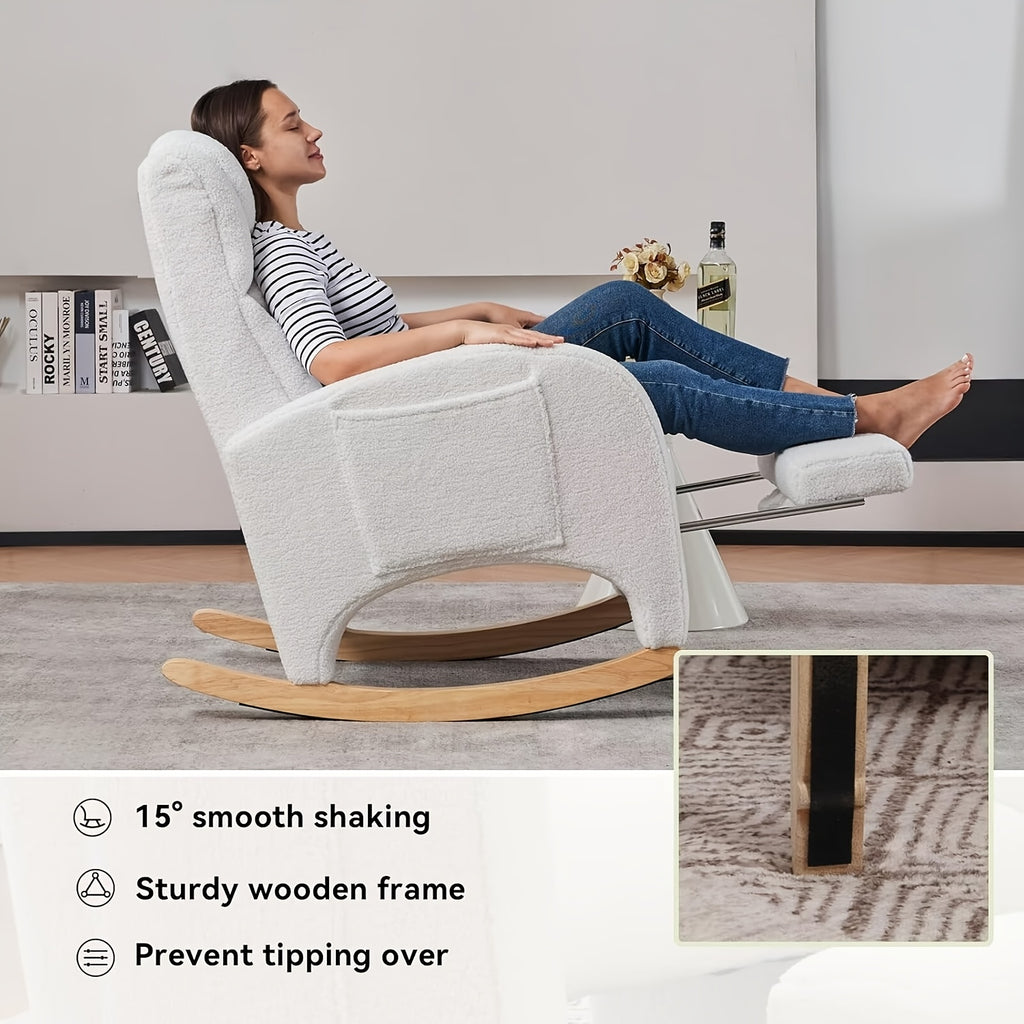 Rocking Chair Nursery, Modern Glider Chair with Adjustable Footrest And Solid Wood Legs, High Backrest Nursery Chair with Side Pocket, Rocker Armchair for Living Room Bedroom