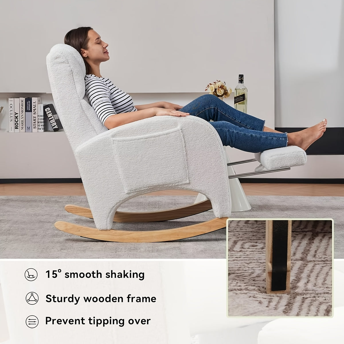 Rocking Chair Nursery, Modern Glider Chair with Adjustable Footrest And Solid Wood Legs, High Backrest Nursery Chair with Side Pocket, Rocker Armchair for Living Room Bedroom